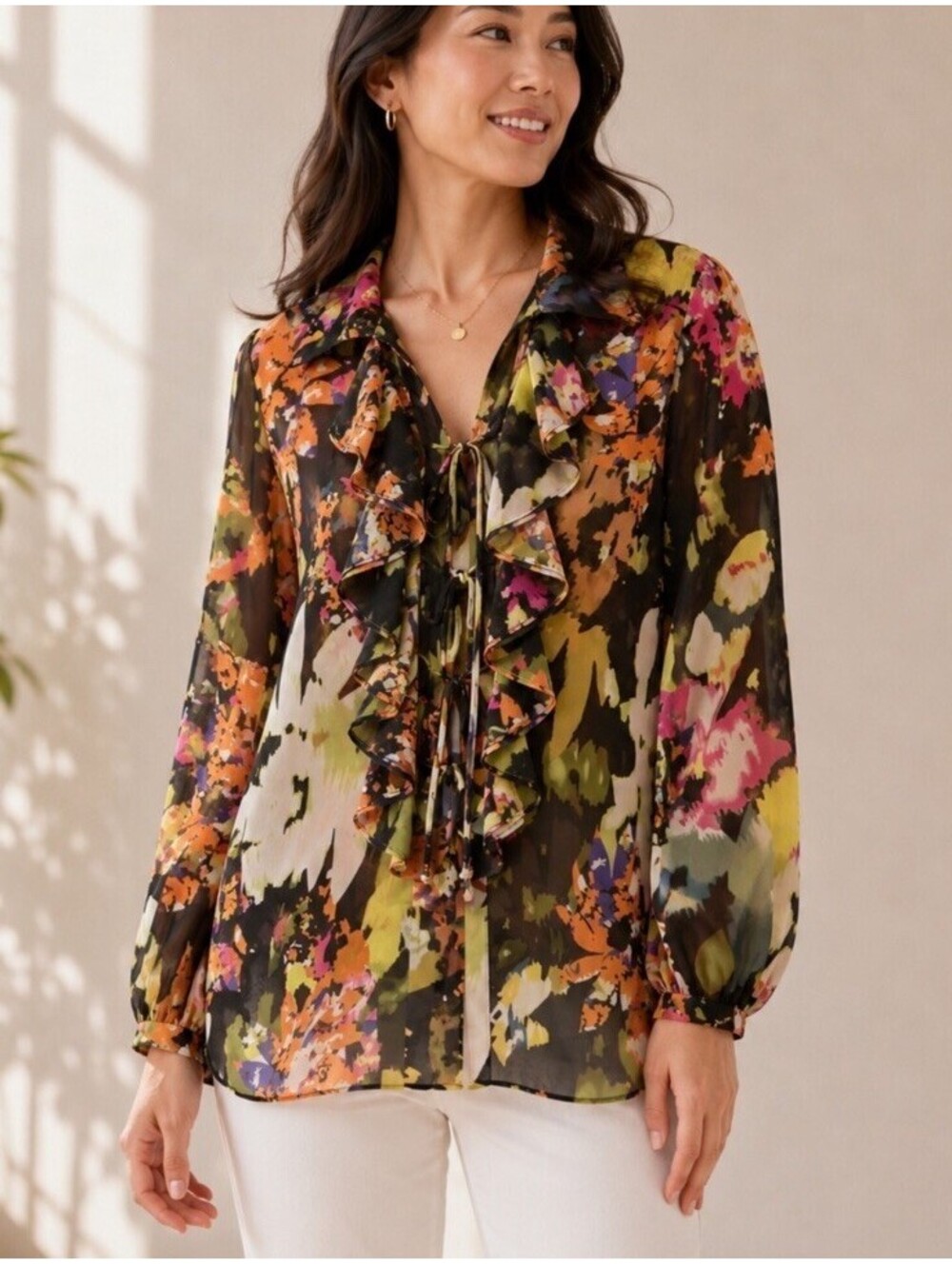 CAbi #146 Abstract Floral Cascade Ruffle Tie Front Semi Sheer Blouse Sz Medium